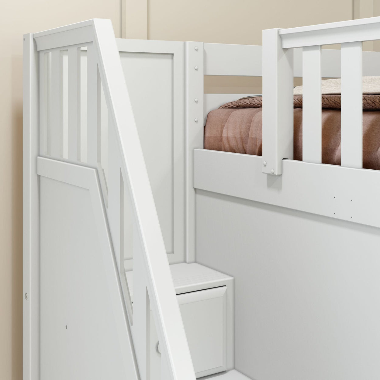 White wooden bunk bed with stairs, featuring under-bed storage drawers and a cozy brown mattress, ideal for optimizing small bedroom spaces.