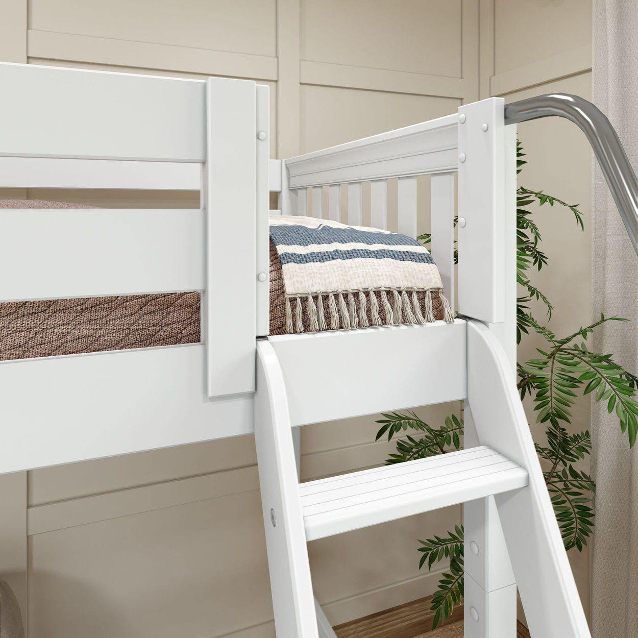 White wooden loft bed with ladder and cozy blanket, indoor houseplant in modern bedroom.