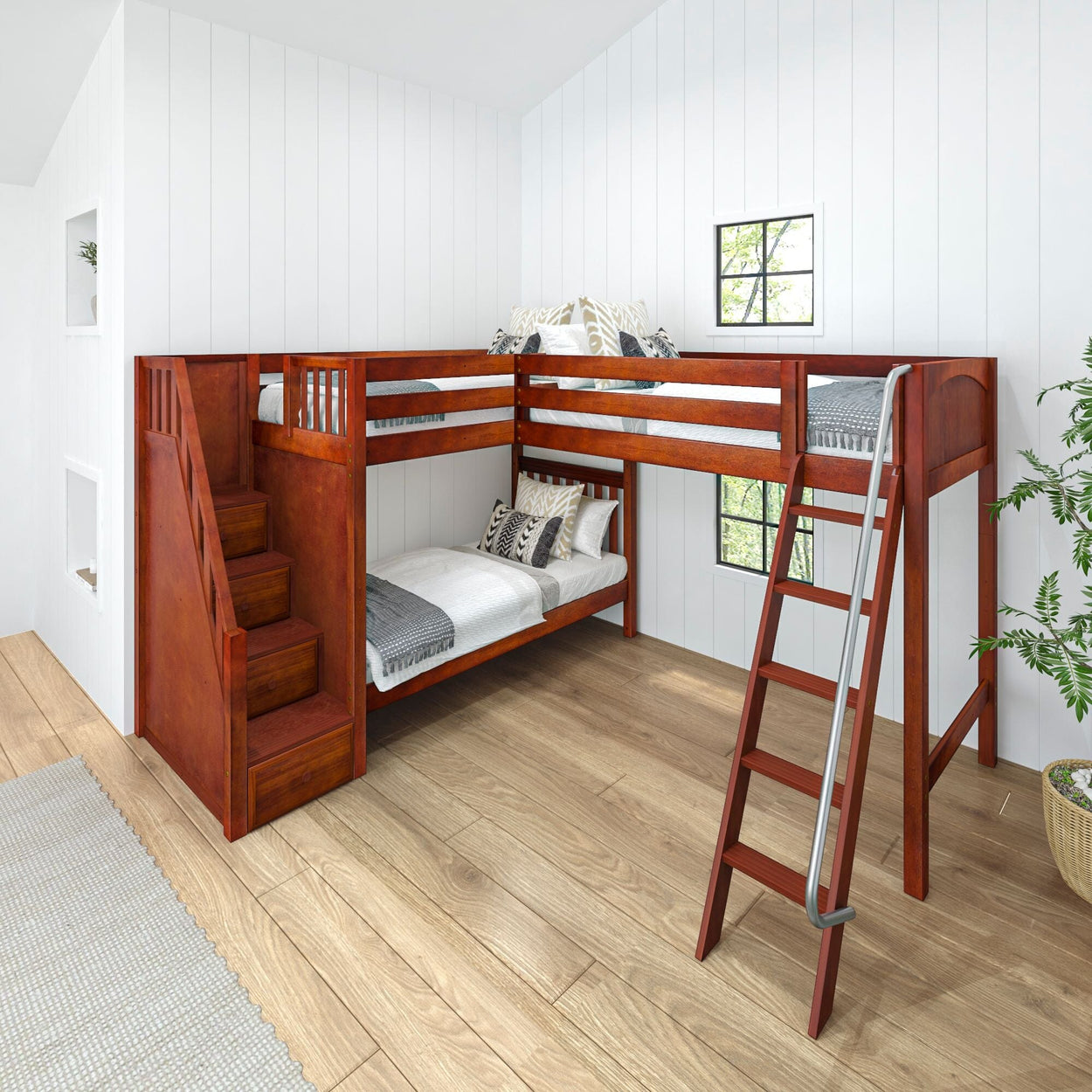 Modern wooden bunk bed with stairs in a bright, minimalist bedroom featuring natural light and wooden flooring.