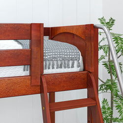 Wooden loft bed with mattress and gray blanket, featuring ladder and plant decor.