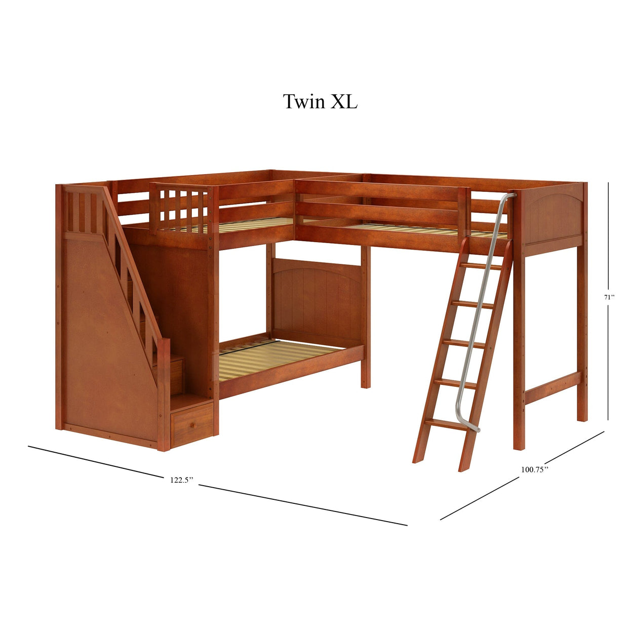Twin XL wooden loft bed with stairs and ladder for space-saving bedroom furniture.