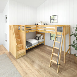 Wooden loft bunk bed with ladder and storage in modern bedroom.