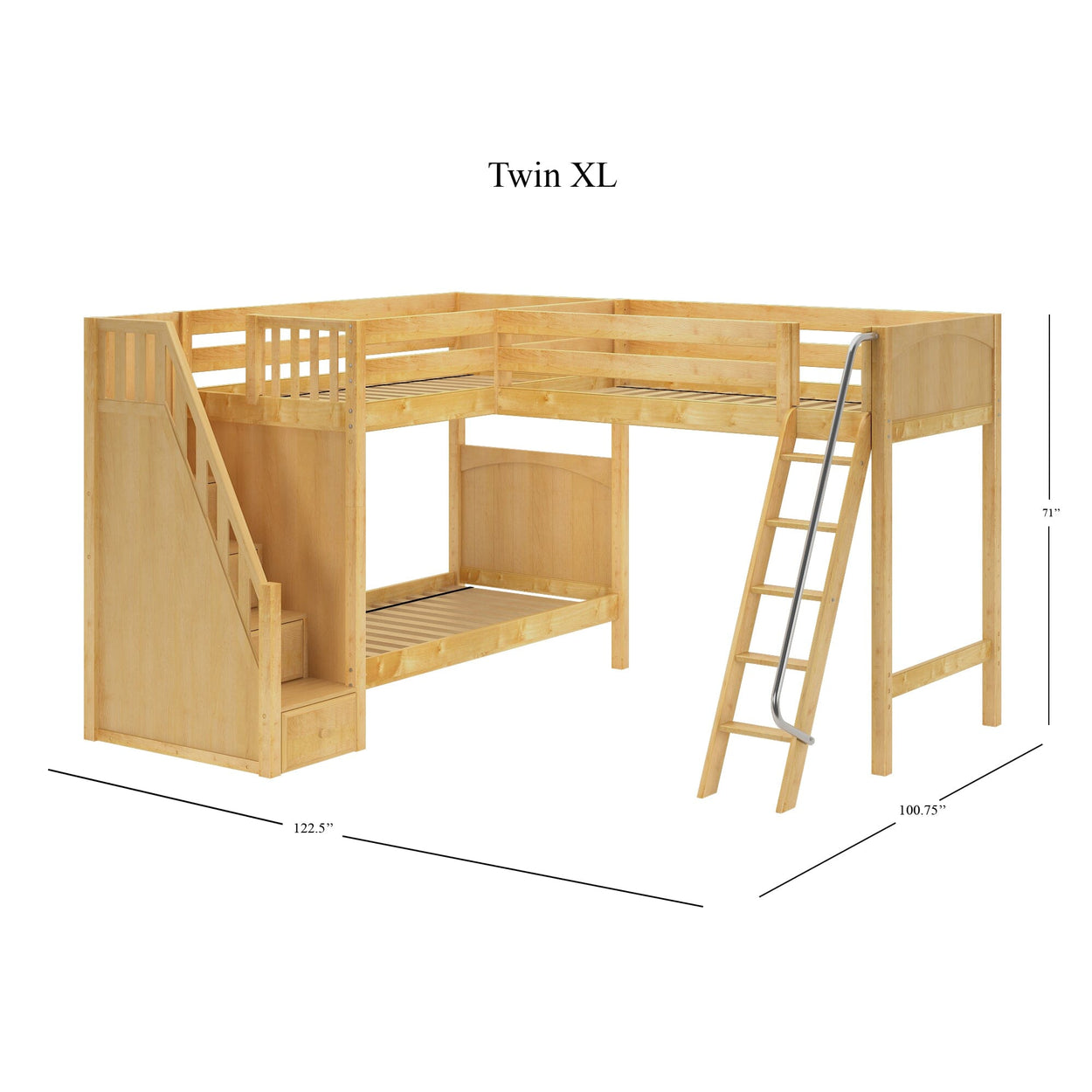 Twin XL wooden L-shaped loft bed with safety railings, stairs, and ladder, ideal for maximizing bedroom space.