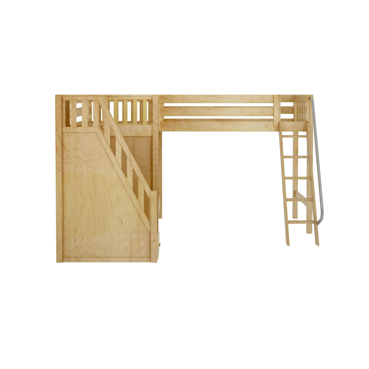 Wooden loft bed with side stairs and ladder.