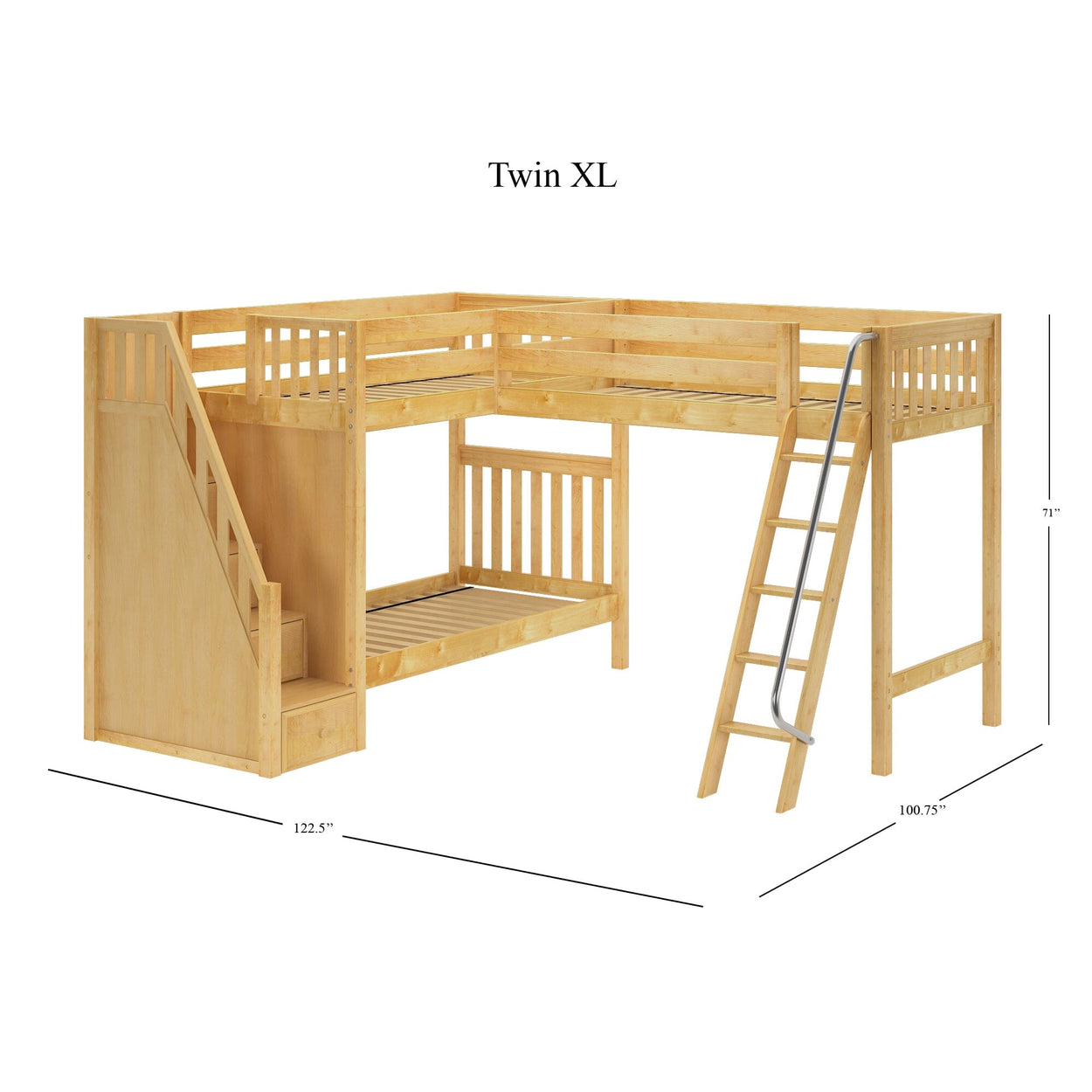 Wooden Twin XL L-shaped loft bed with ladder and staircase, dimensions 122.5" x 71" x 100.75".