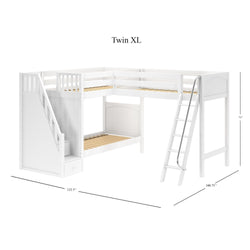 White twin XL loft bed with ladder and storage stairs, dimensions 122.5" L x 100.75" W x 71" H.