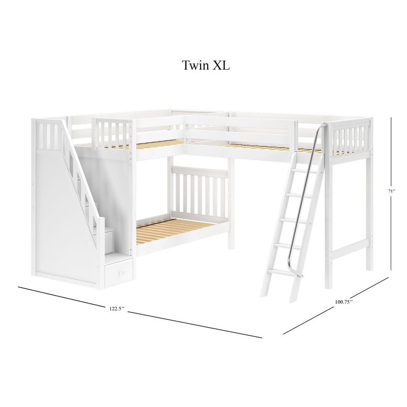 White wooden Twin XL children's loft bunk bed with built-in staircase and storage drawers, ladder and safety rails, slatted mattress platforms, dimensions 122.5 in × 100.75 in × 71 in
