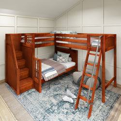 Wooden loft bunk bed with stairs and ladder in modern bedroom setting, featuring cozy bedding and decorative pillows.