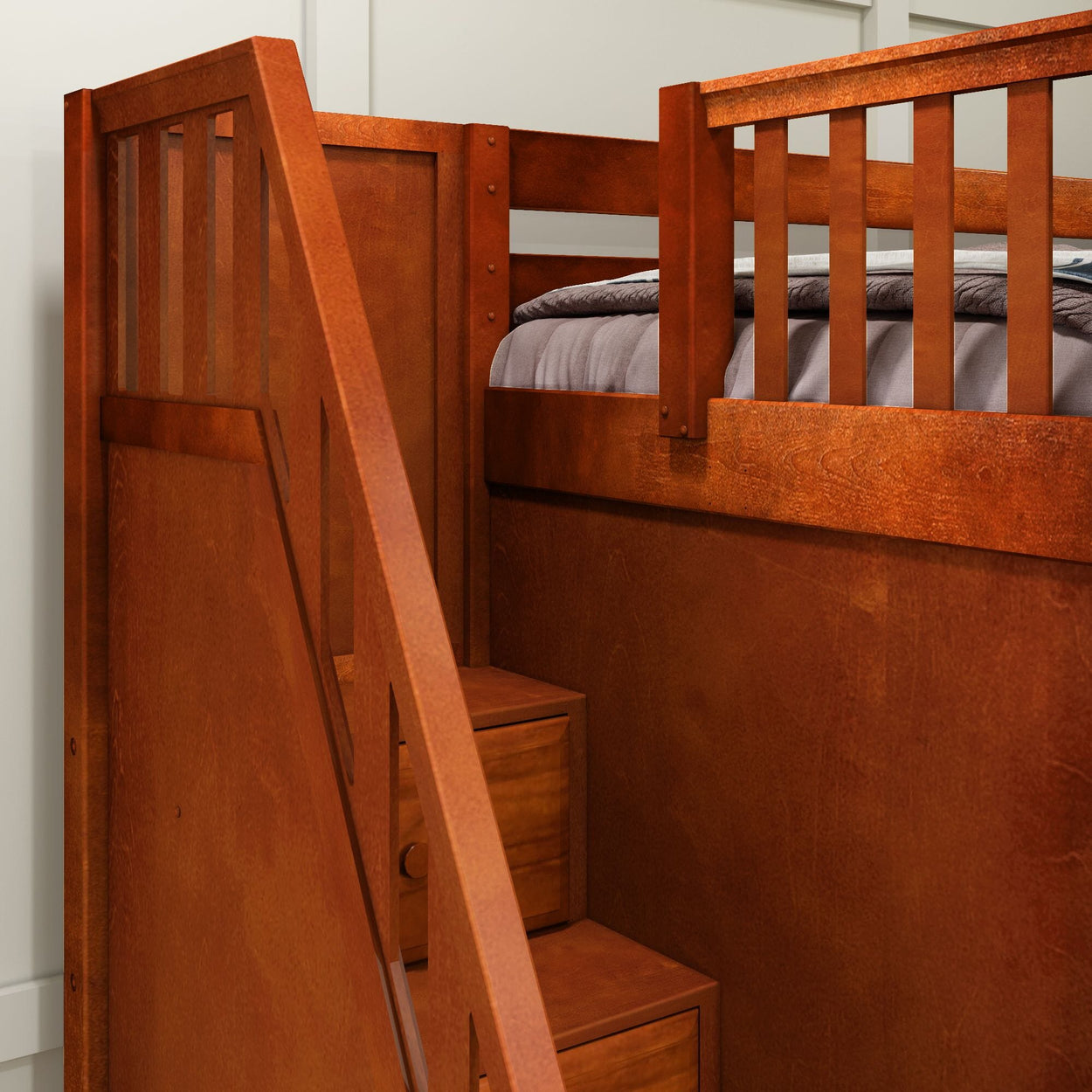 Wooden bunk bed with built-in stairs and storage drawers.