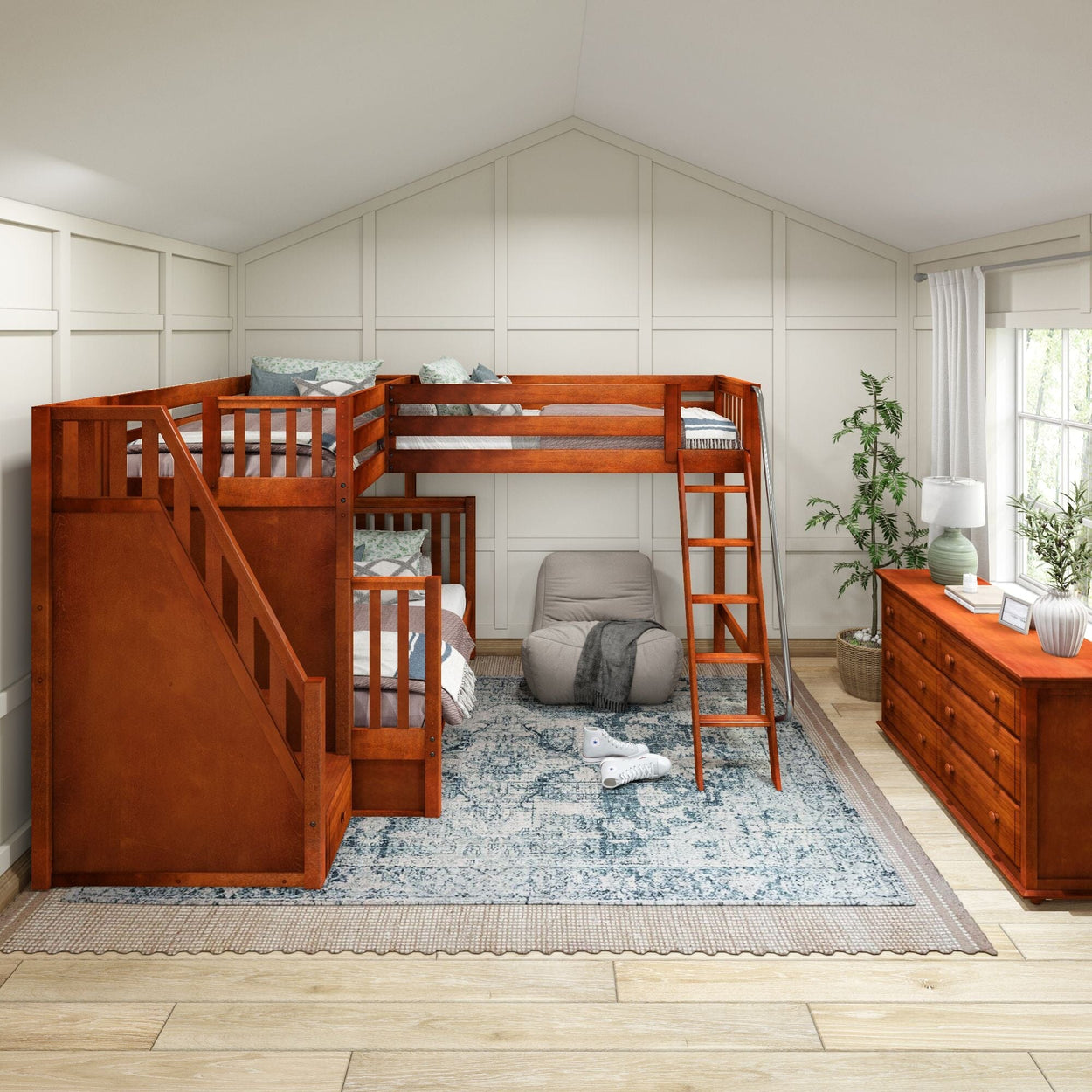 Stylish kids' bedroom with wooden bunk beds, cozy bean bag, and modern decor.