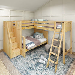 Modern wooden bunk bed with stairs and ladder in cozy bedroom setting.