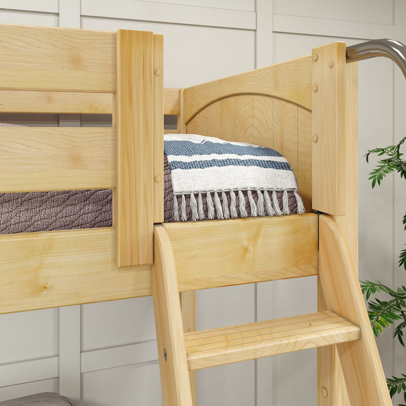 Close-up of a natural pine wooden bunk bed ladder and safety rail with a twin mattress and blue-striped fringed blanket, farmhouse bedroom decor