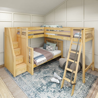 Modern wooden loft bunk bed with stairs and slide in a cozy children's bedroom.