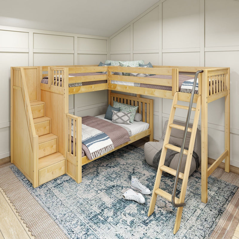 Natural wood L-shaped bunk bed with built-in storage stairs and ladder in modern children's bedroom with patterned rug and bean bag