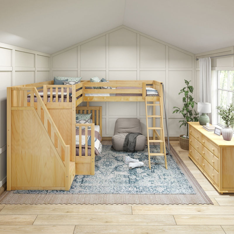 Children's room with natural wood L-shaped bunk bed, stairs and ladder, blue rug, wooden dresser, beanbag and window.