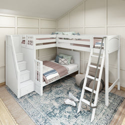 Elegant white loft bunk bed with built-in stairs and ladder, featuring cozy bedding in a modern bedroom setting.