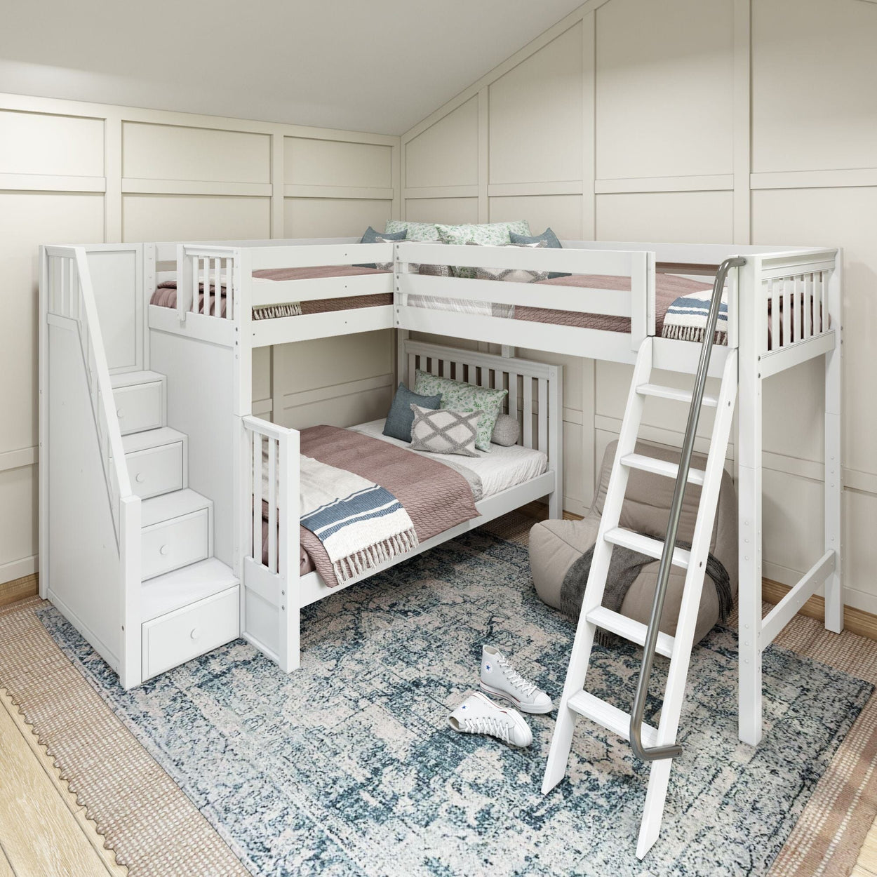 White wooden L-shaped bunk bed with stairs and ladder in a modern kids' bedroom setting.