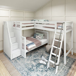 White wooden L-shaped bunk bed with stairs and ladder in a modern kids' bedroom setting.