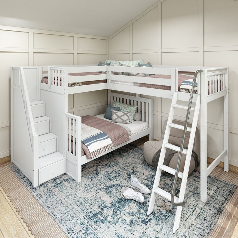 White L-shaped loft bunk bed with built-in storage stairs and ladder, twin-over-full beds styled with pink and blue bedding, patterned area rug and beanbag in a cozy kids' bedroom
