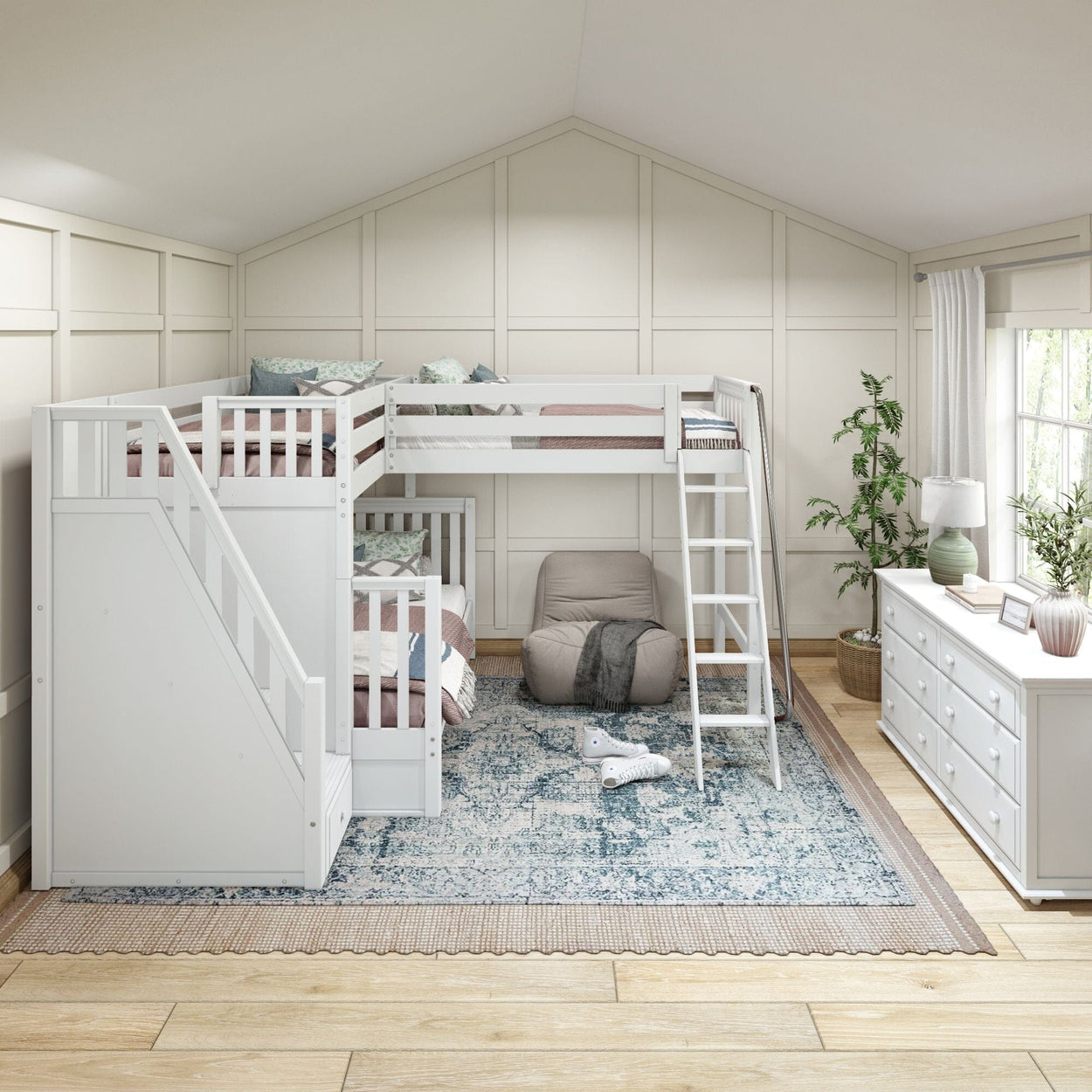 Cozy kids' bedroom with modern white loft bed, stylish decor, and natural light.