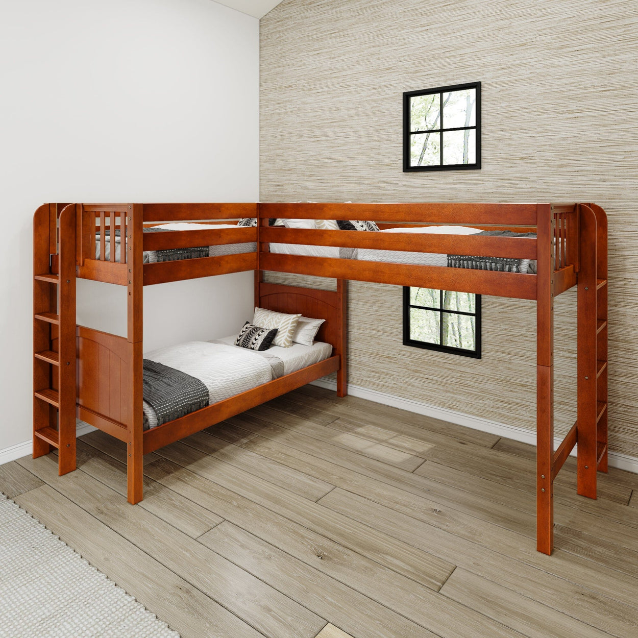 Wooden L-shaped bunk bed with ladder in modern bedroom featuring wooden flooring and patterned walls.