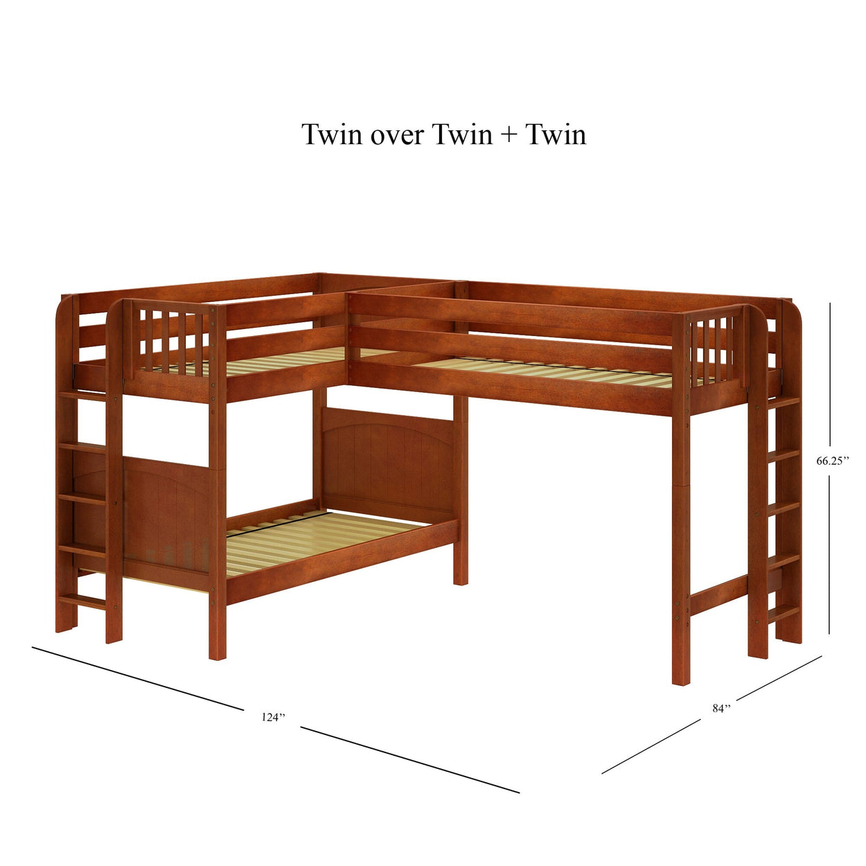 L-shaped wooden twin over twin bunk bed with ladder, ideal for maximizing space in kids' bedrooms.