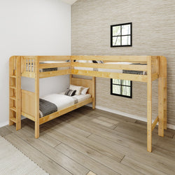 Wooden L-shaped bunk bed with ladder in modern bedroom setting.