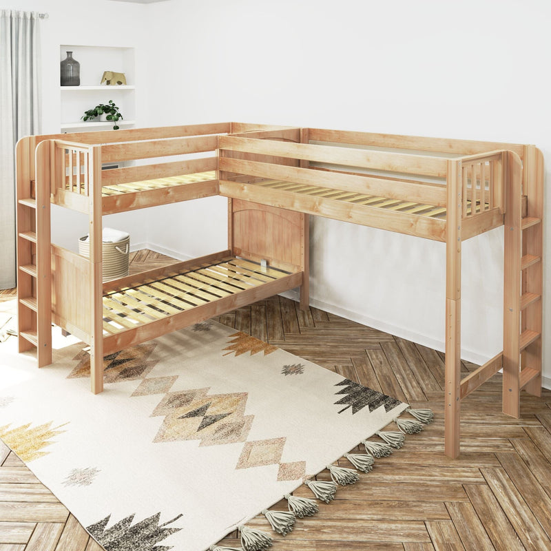 L-shaped natural wood twin-over-twin bunk bed with built-in ladders in a modern kids' bedroom, space-saving corner loft bed on herringbone wood floor with geometric area rug.