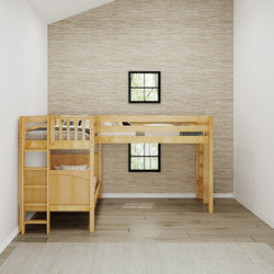 Wooden loft bed with built-in ladder in modern minimalist bedroom.