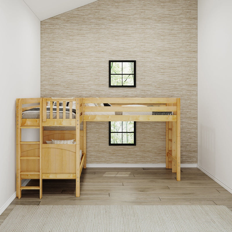 Space-saving natural wood loft bunk bed with ladder and lower bed in modern minimalist kids bedroom