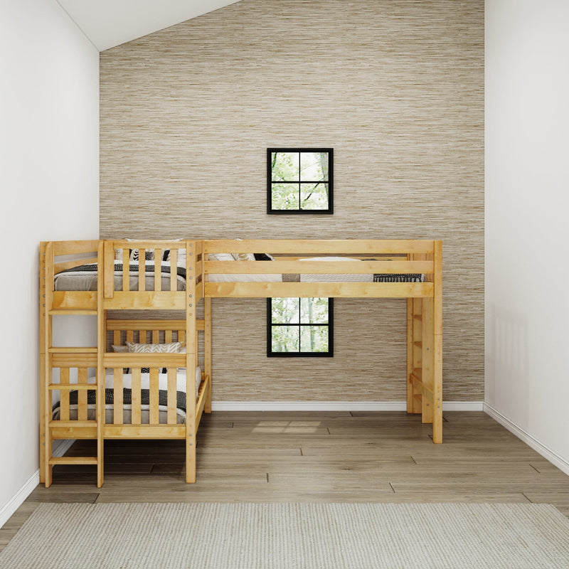 Natural wood loft bunk bed in a small minimalist kids' bedroom, space-saving design with neutral bedding, textured beige accent wall, two black-framed windows and light hardwood floors