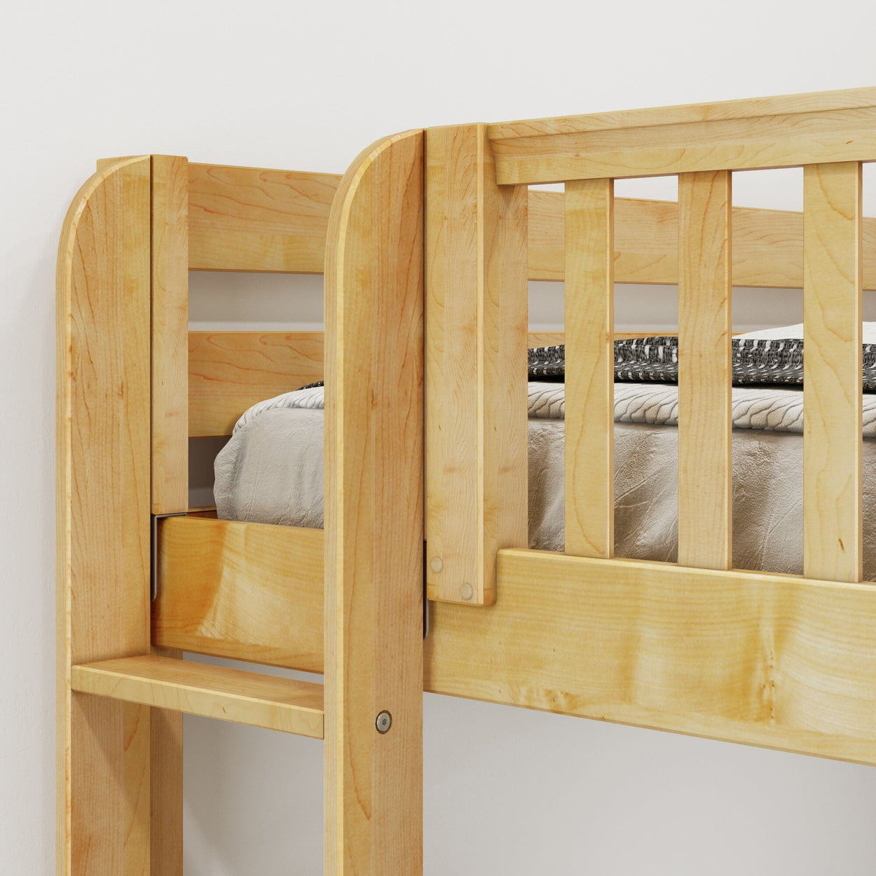 Wooden loft bed with natural finish and safety rails, featuring a cozy, modern design ideal for small spaces.