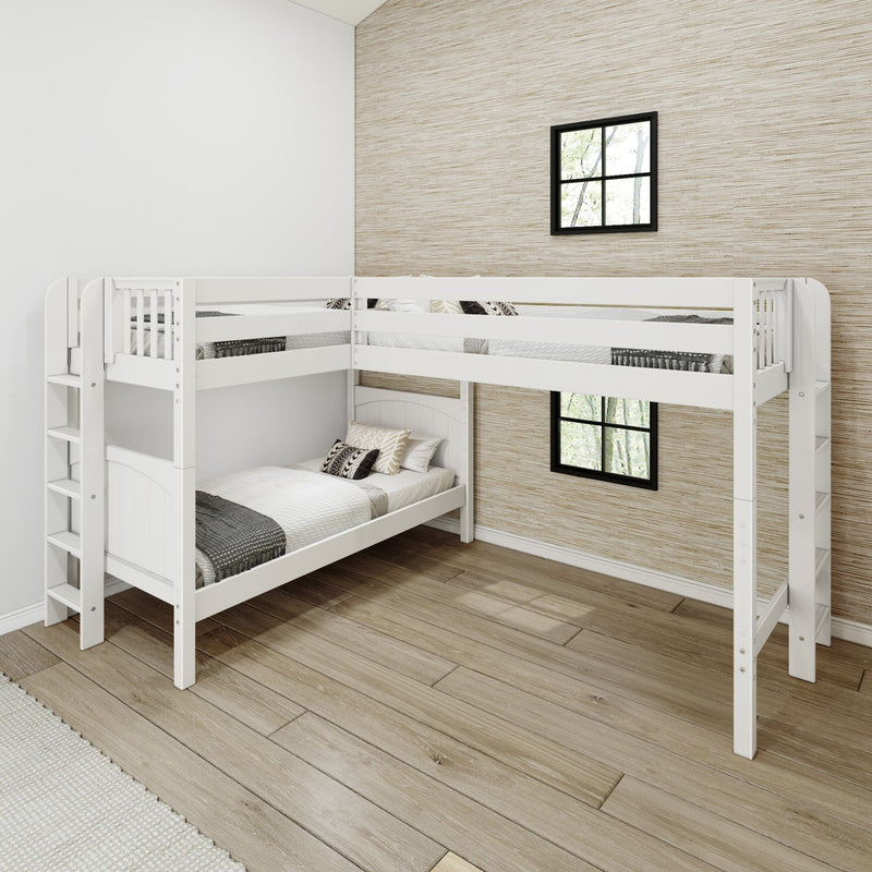 White L-shaped wooden bunk bed (twin-over-full) in modern bedroom with ladder, neutral bedding, hardwood floors and textured wallpaper