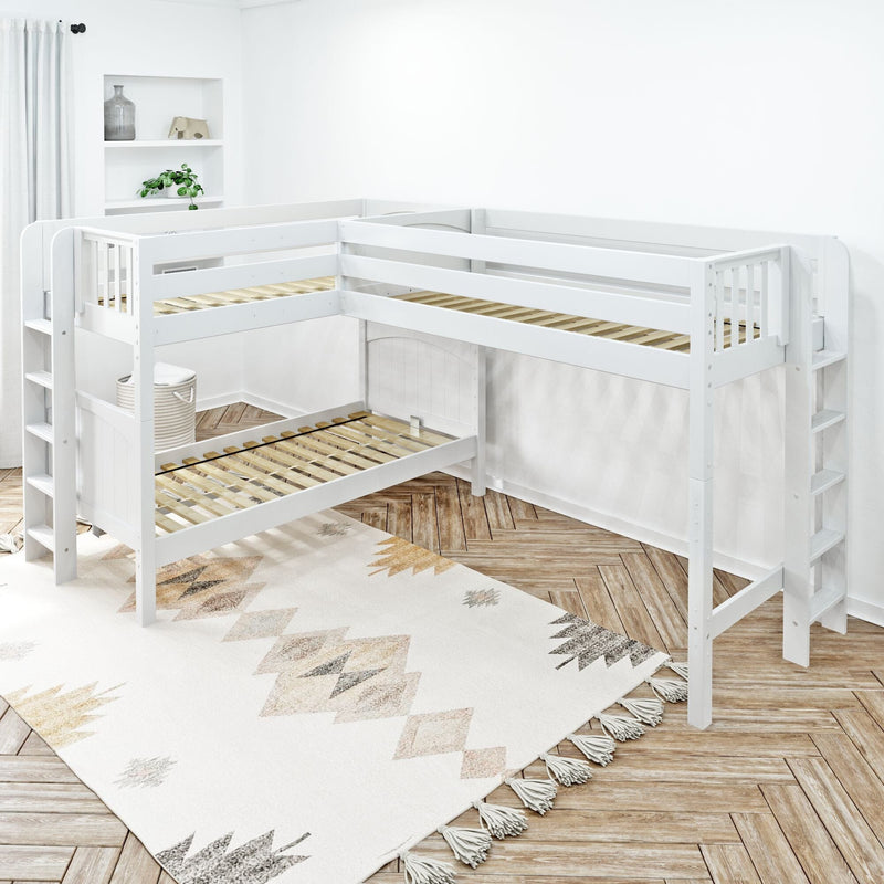 White L-shaped loft bunk bed with ladder, guardrails and slatted frames in a modern kids' bedroom with herringbone hardwood floor, boho geometric rug and built-in shelving