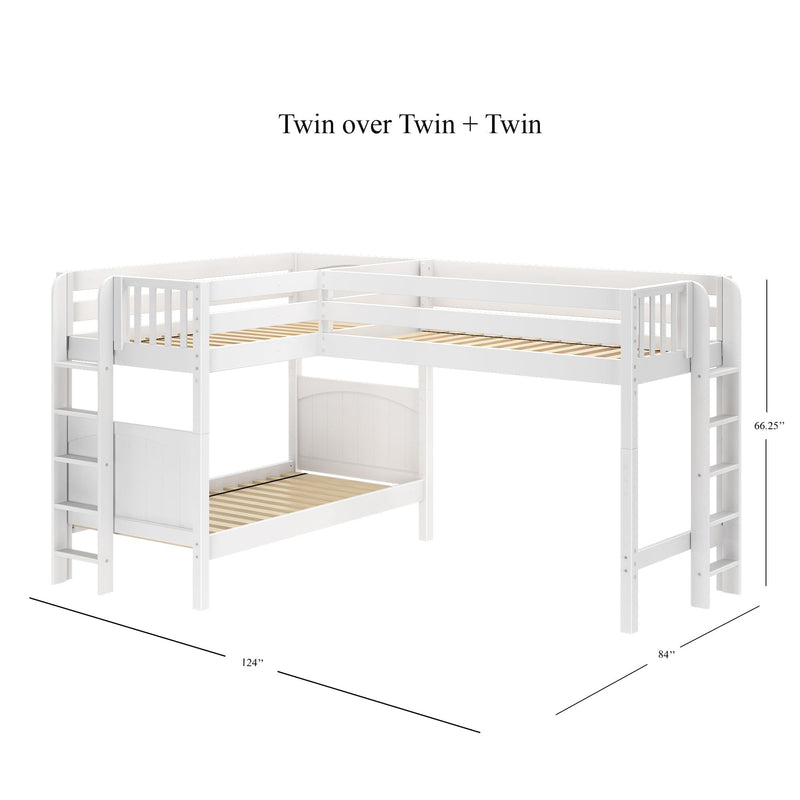 White L-shaped loft bunk bed (Twin over Twin + Twin) with ladders, guardrails and wooden slat platforms — space-saving kids' bedroom set, 124 in L x 84 in D x 66.25 in H