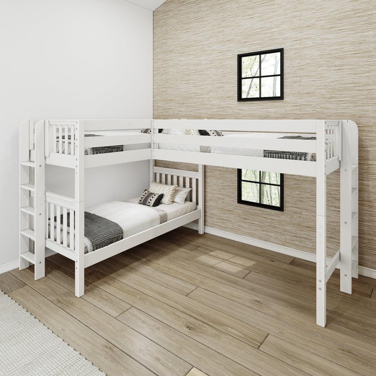 White wooden L-shaped bunk bed with ladder in a modern bedroom featuring light wood flooring and beige textured walls.