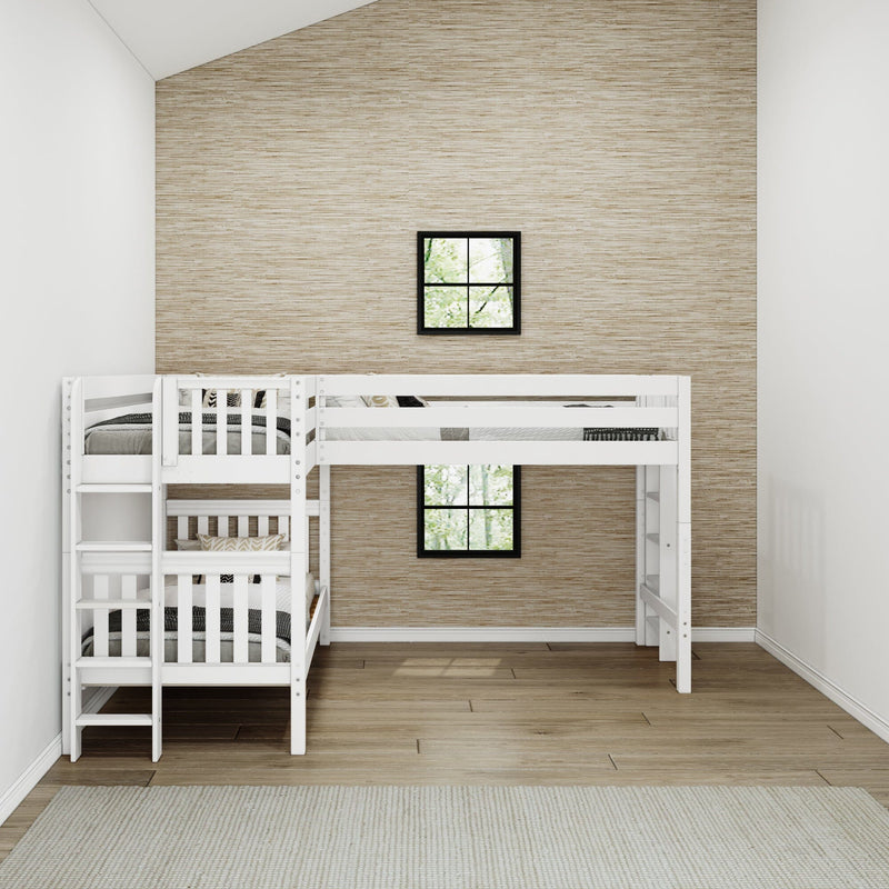 White L-shaped loft bunk bed (twin over twin) in modern children's bedroom with neutral bedding, wood floors, beige textured accent wall and two black-framed windows, space-saving design