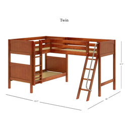 Twin wooden loft bed with ladder, dimensions displayed.