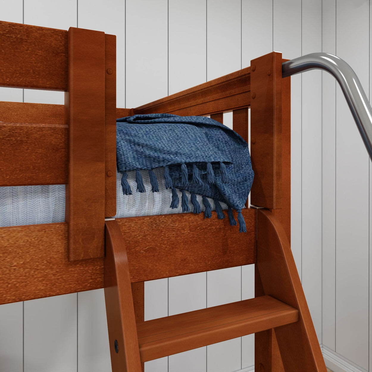 Wooden bunk bed with blue woven blanket and ladder in a modern bedroom setting.