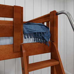 Wooden bunk bed with blue woven blanket and ladder in a modern bedroom setting.