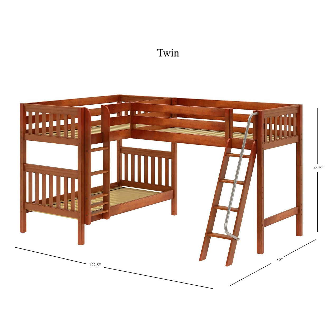 L-shaped twin loft bunk bed with ladder and wooden frame.