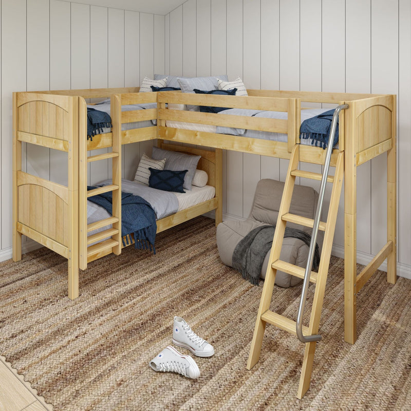 Twin L-shaped natural pine bunk bed with ladder, blue bedding and pillows in a space-saving corner bedroom with jute rug and bean bag