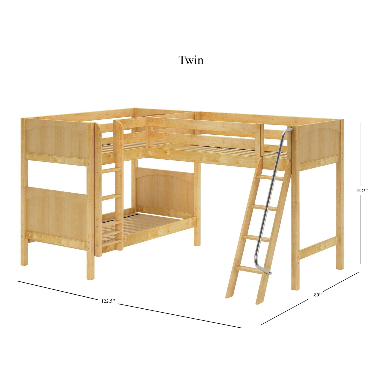 Wooden twin loft bed with ladder and guardrails, dimensions 122.5 inches long, 80 inches wide, 66.75 inches high.