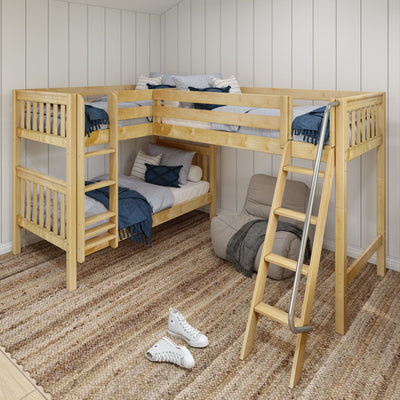 Stylish wooden L-shaped loft bunk bed with a ladder and cozy bedding in a modern bedroom setting.