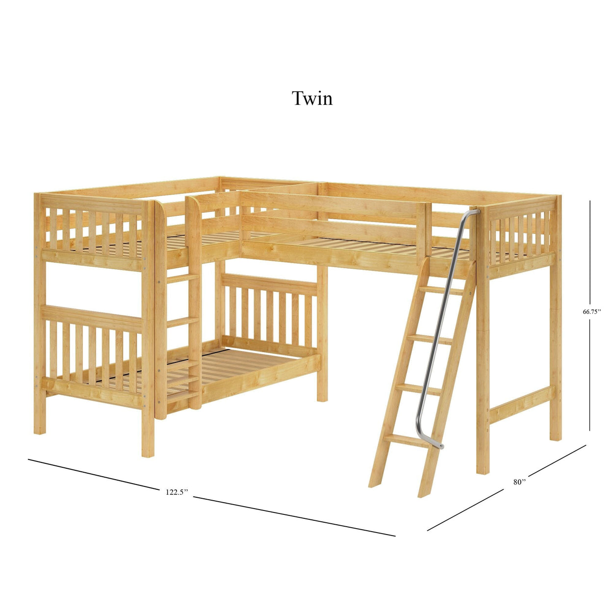 Corner twin loft bed with ladder and dimensions displayed in natural wood finish.