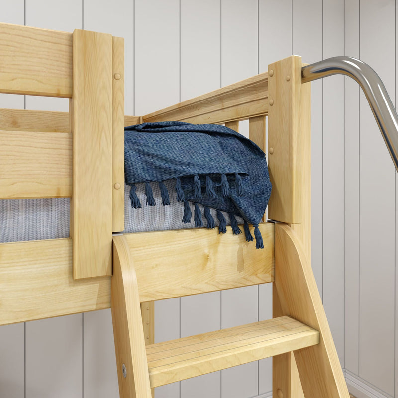 Close-up of natural pine loft bunk bed with wooden ladder, blue woven throw blanket and mattress against white shiplap wall