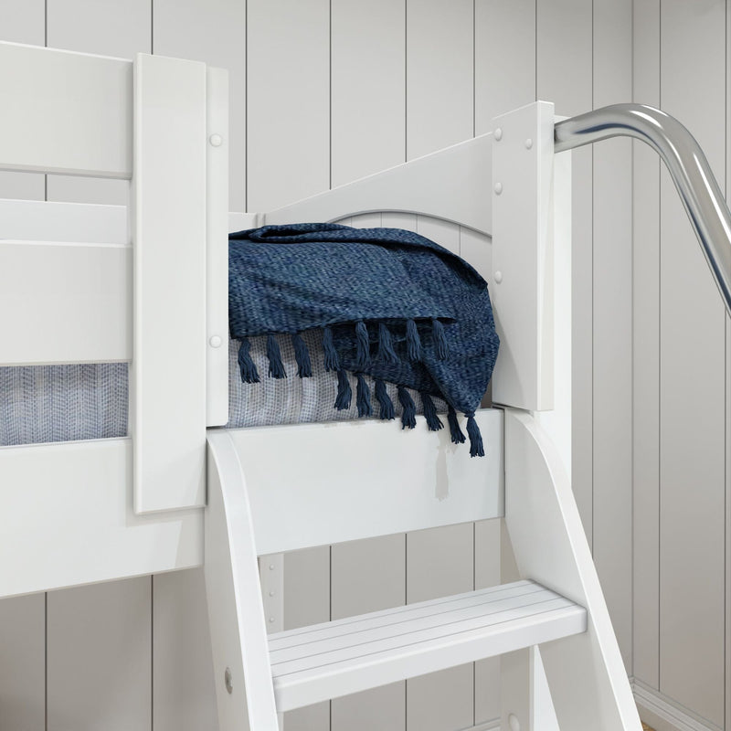 White wooden loft bed with ladder and navy blue fringed woven throw on gray mattress in modern coastal bedroom