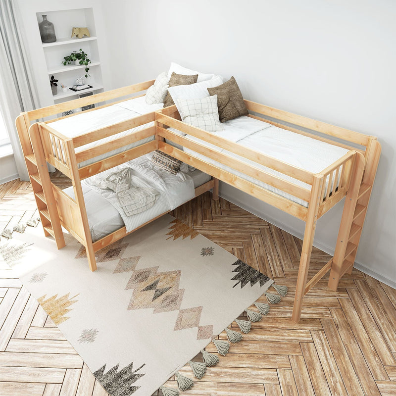Natural wood L-shaped twin bunk beds in a bright modern kids' bedroom with neutral bedding, decorative pillows and patterned rug