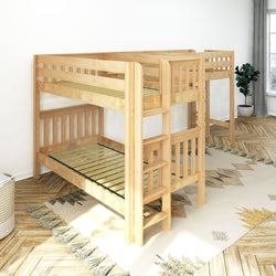 Wooden twin bunk bed in a modern bedroom with geometric rug and plant, ideal for maximizing space.