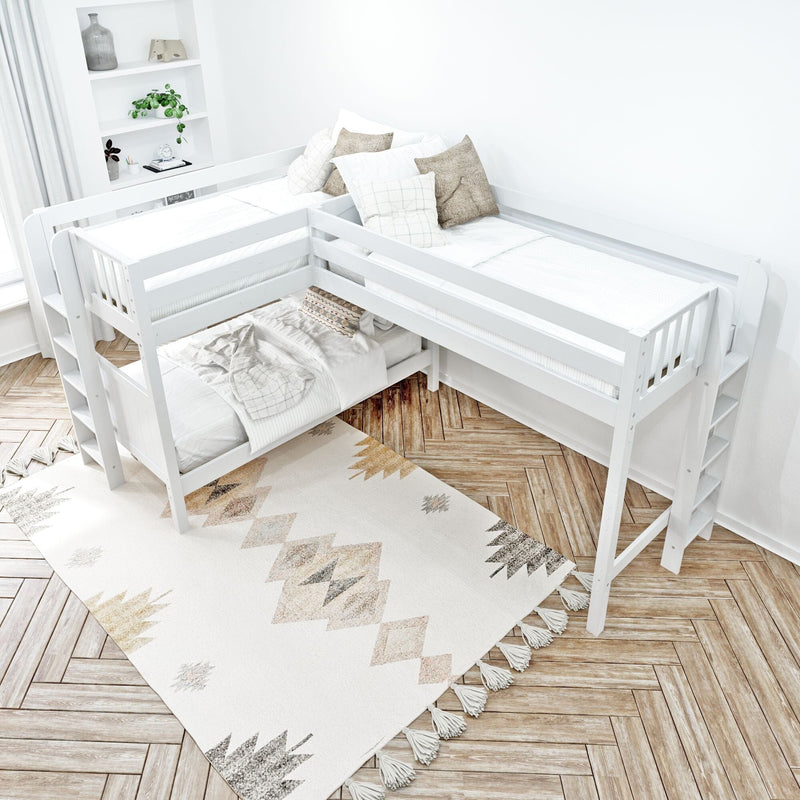 White wooden L-shaped bunk bed in a modern minimalist kids' bedroom with neutral bedding, textured pillows, boho rug, and built-in shelving